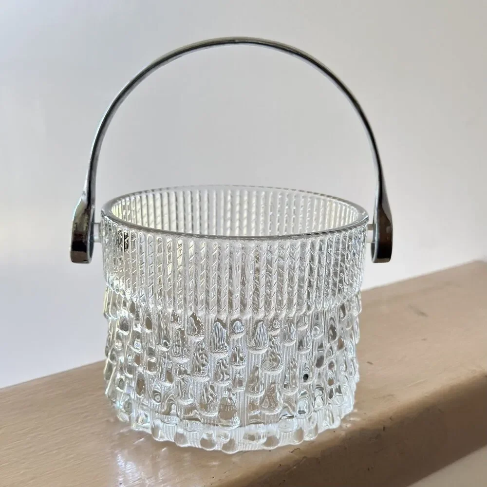 Vintage Teleflora Clear Glass Ice Bucket with Chrome Handle Made in France